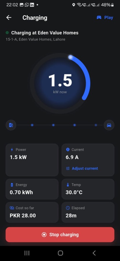 Sarai live charging — battery, kW and cost