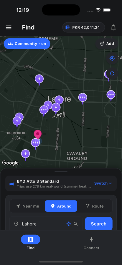 Sarai app — the charger map with live pins