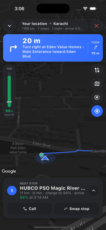 Sarai turn-by-turn navigation with the battery bar: 90% now, 14% needed for the next stop