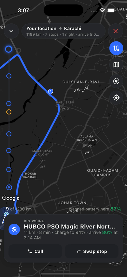 Sarai navigation with the stop rail, 7 stops and an overnight, planned battery 87% at this point
