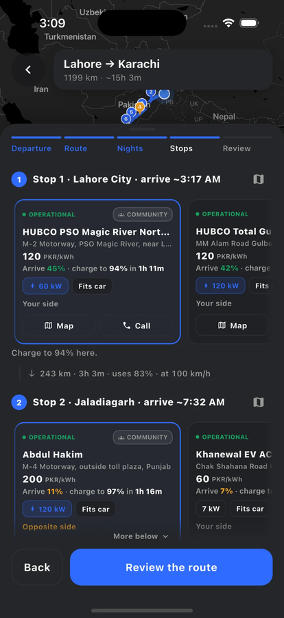 Sarai route planner stops: arrival battery, charge to, minutes, price per kWh, which side of the motorway