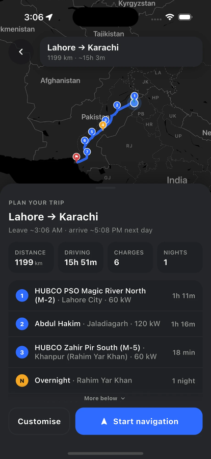 Sarai route planner: Lahore to Karachi, 1,199 km, 6 charges, 1 night, with the stops listed